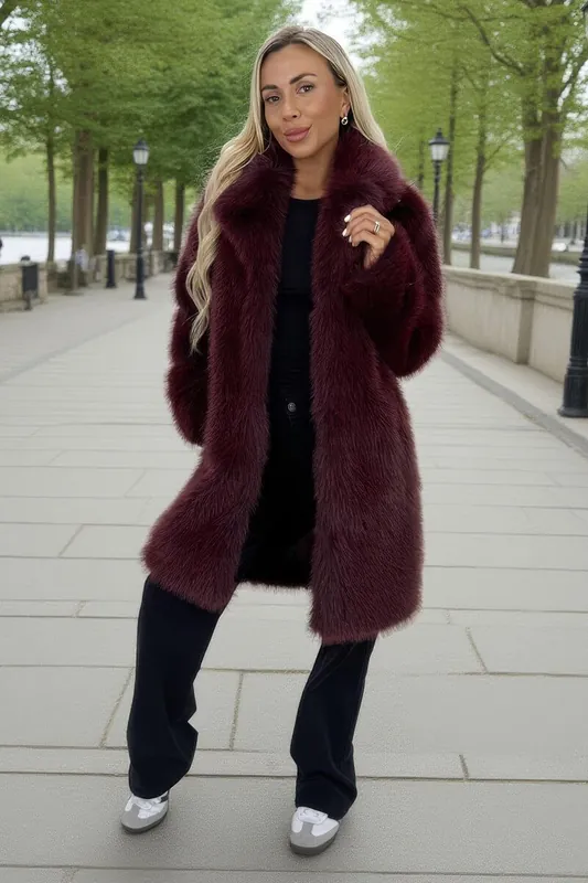 Burgundy Faux Fur Longline Jacket - AX Paris