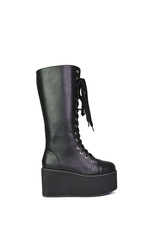 Liz' High Flatform Lace Up Biker Calf Boots - XY London