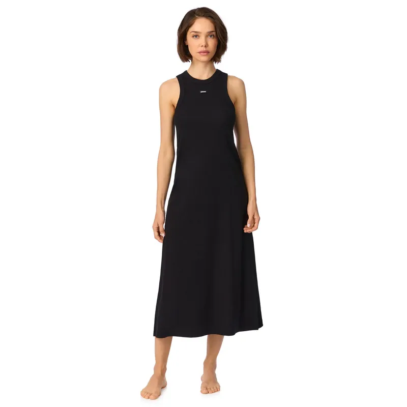 127cm Slim Fit Sleep Chemise in Black with Side Slits with Logo - DKNY