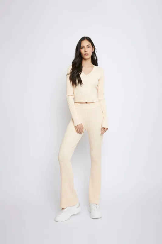 V-Neck Ribbed Top in Light Peach