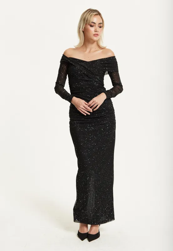 Black Glitter Off Shoulder Maxi Dress - Liquorish