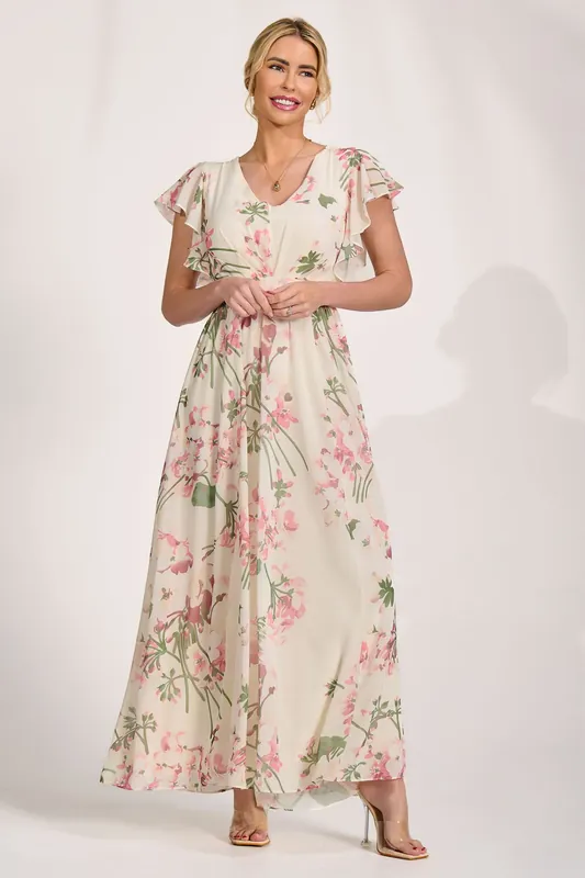 Ruffle Printed Chiffon Maxi Dress - Jolie Moi