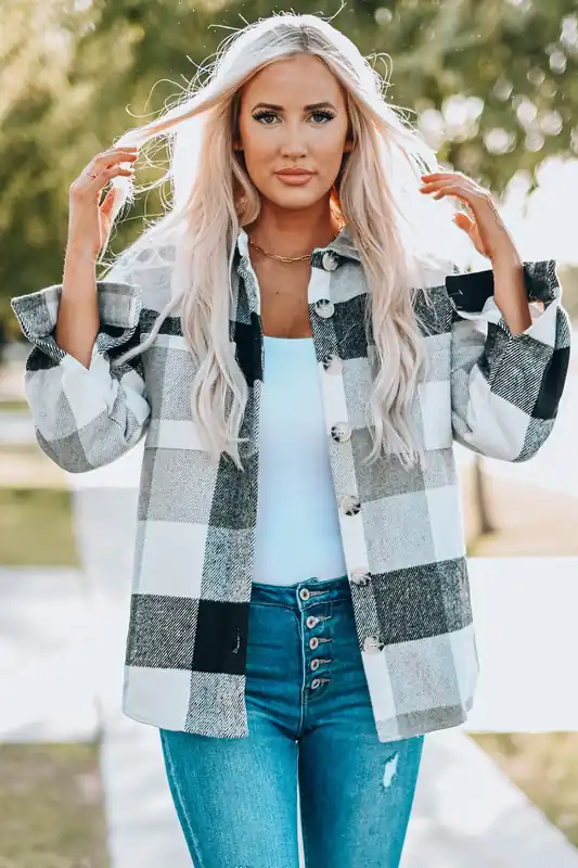 Gray Plaid Color Block Buttoned Long Sleeve Jacket With Pocket - Everyday The Label