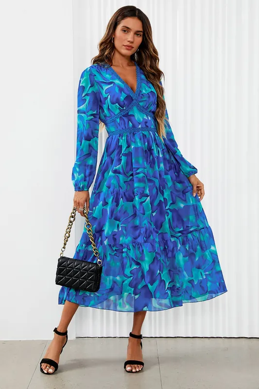 Floral Print Long Sleeve Maxi Dress In Blue - FS Collection