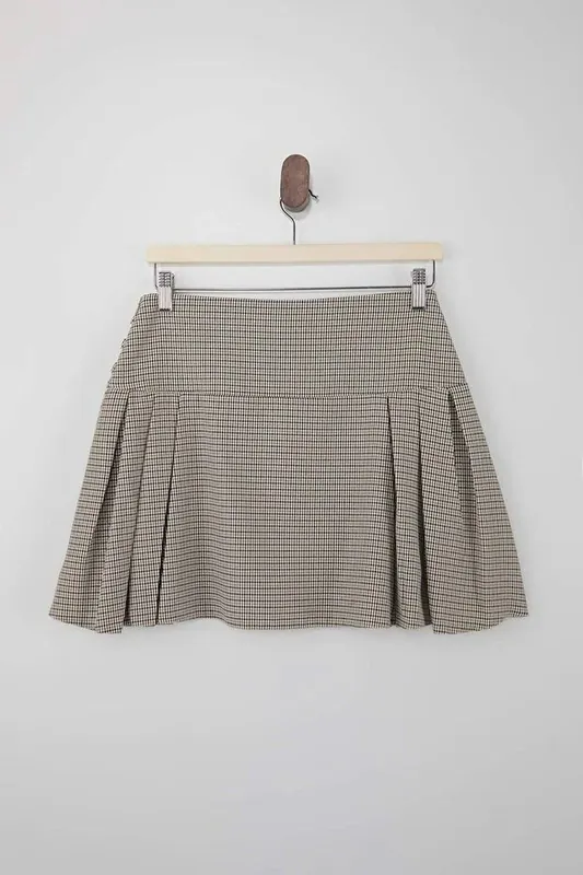 Check Pleated Woven Mini Skirt with Buckle Detail - WOVCOR