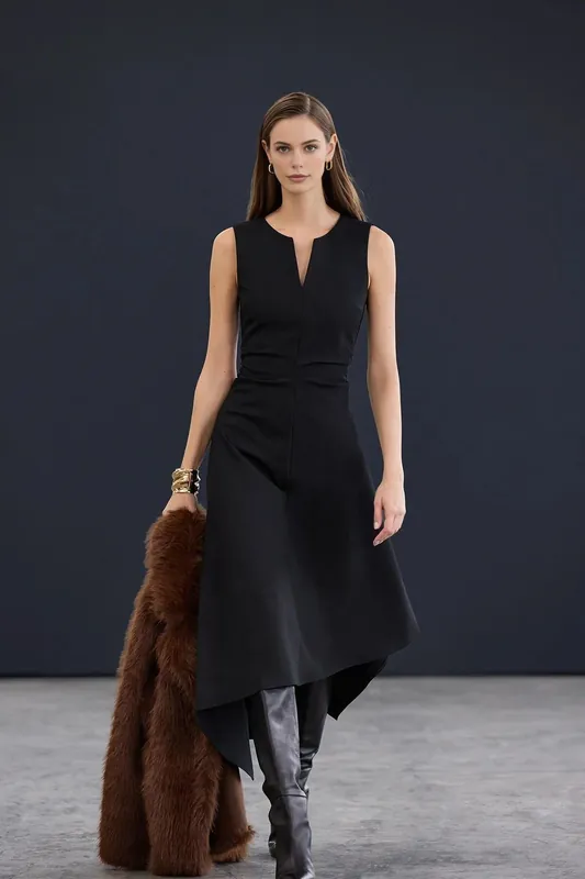 Sleeveless V Neck Asymmetric Hem Midi Dress - WOVCOR