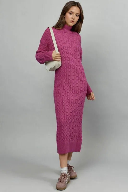 Long Sleeve Turtleneck Hair Braid Knit Dress - MyFashion