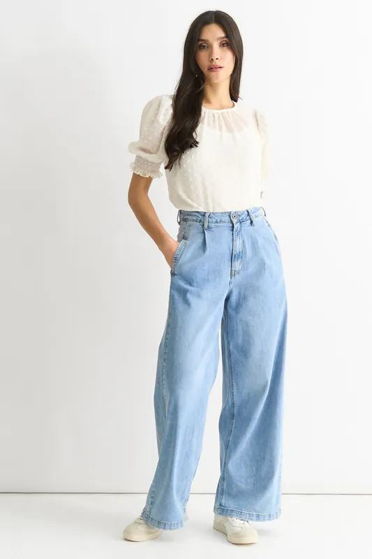 Mid Wash Blue Denim Wide Leg Jeans - Gini London