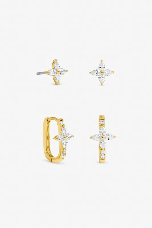 Gold Plated and Crystal Floral Hoop and Stud Earrings - Pack of 2