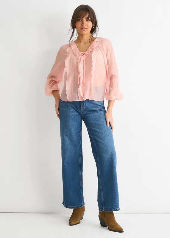 Long Sleeeves Tie Detail Ruffle Blouse - Gini London