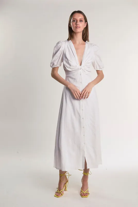 Off White Button-Front-Twist Midi-Dress