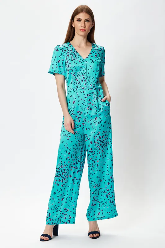 Wide Leg Jumpsuit in Blue Animal Print - Liquorish