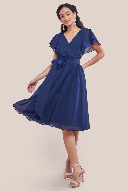 Flutter Sleeve Chiffon Wrap Midi Dress - Goddiva