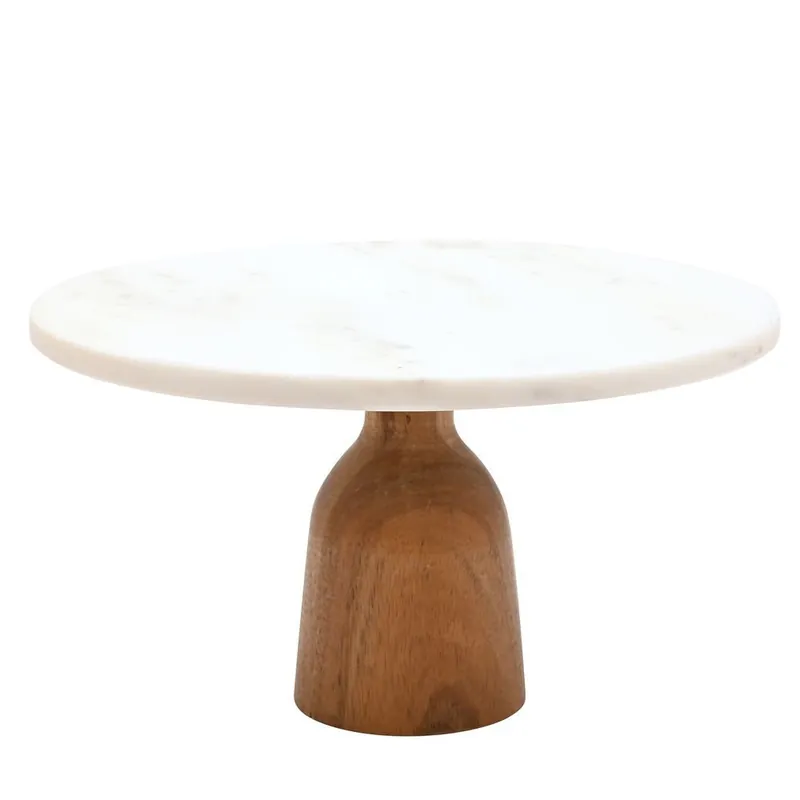 Round Marble Cake Stand with Acacia Wood Stand - Hestia
