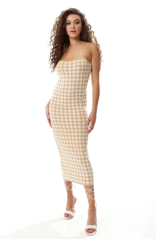 Knitted Dress in Cream and White Check - Liquorish