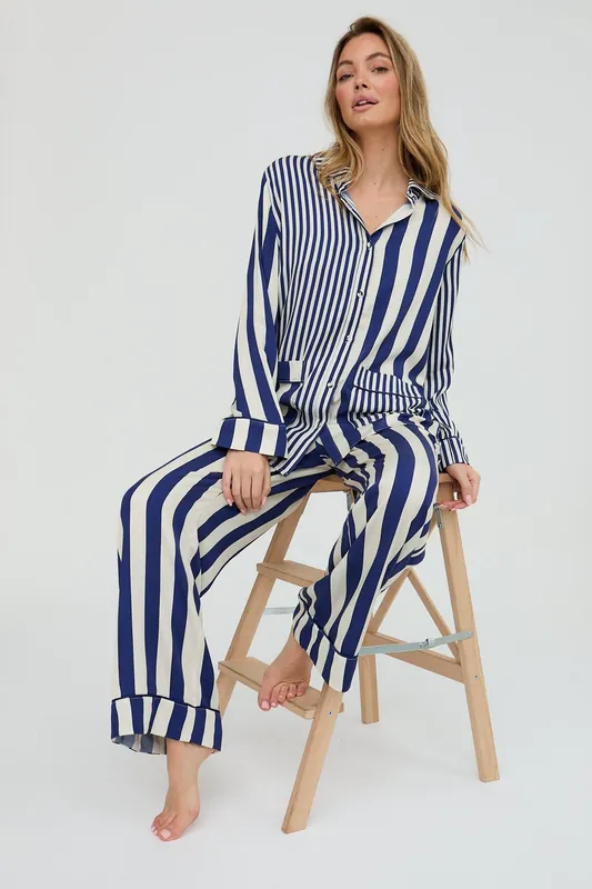 Evie Long Sleeve Stripe Print Pyjama Set In Navy - Lily and Lionel