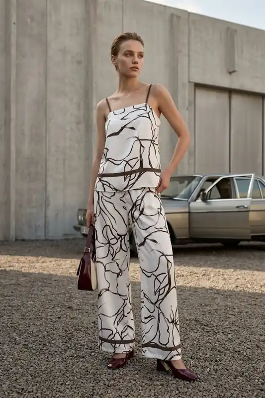 Abstract Satin Strapless Blouse and Wide-Leg Pants Set