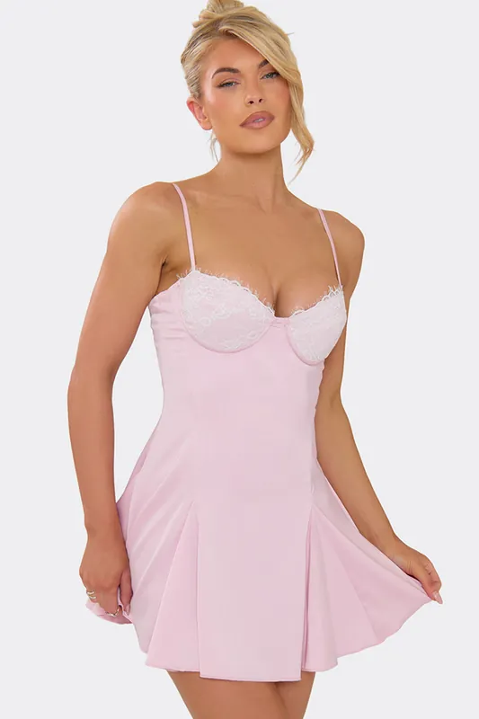 Strappy Sweetheart Neckline Lace Trim Satin Mini Dress - EGO