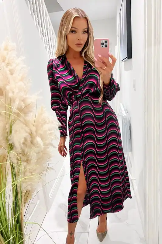 Multi Printed Long Sleeve Wrap Top Midi Dress - AX Paris