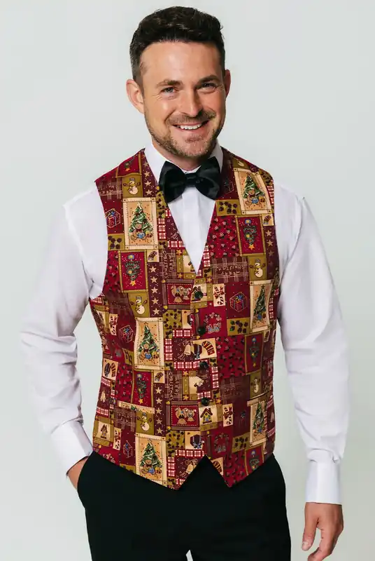 Red Vintage Christmas Print Waistcoat - Dobell