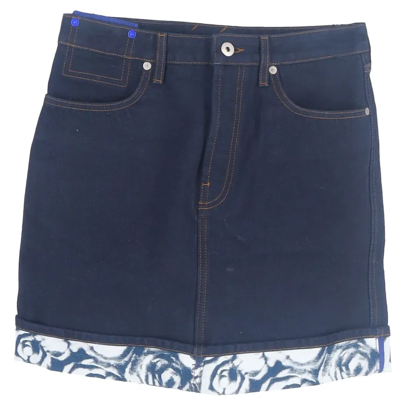 Preloved Printed Hem Mini Skirt in Blue Cotton Denim - Burberry