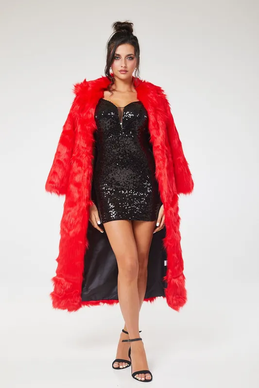 Red Faux Fur Long Coat - LuvForever Fashion