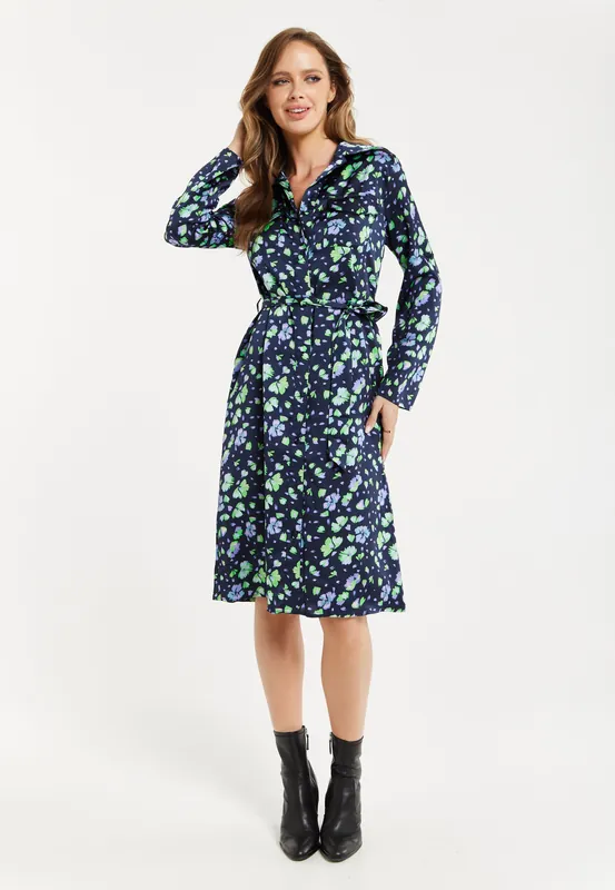 Floral Print Shirt Dress In Multicolour & Navy - Liquorish