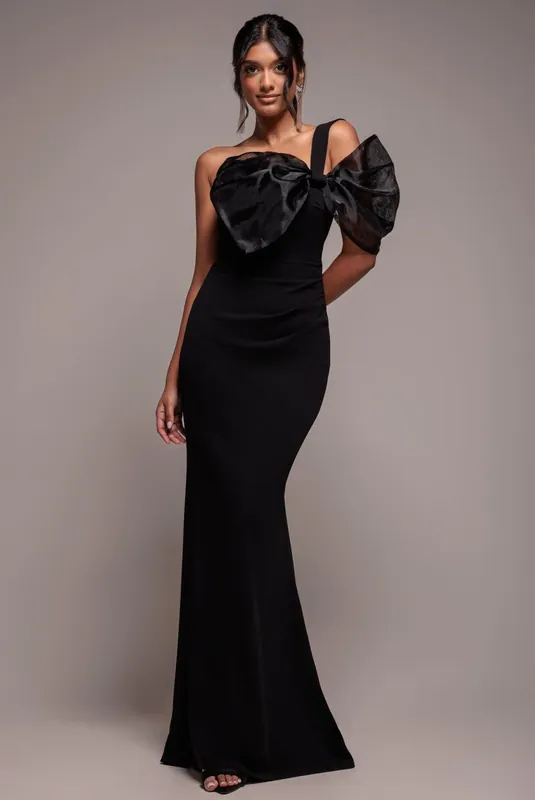 Organza Bow One Shoulder Scuba Crepe Maxi Dress - Goddiva