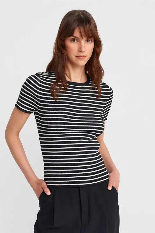 Striped Ribbed Knit Blouse - Dilvin