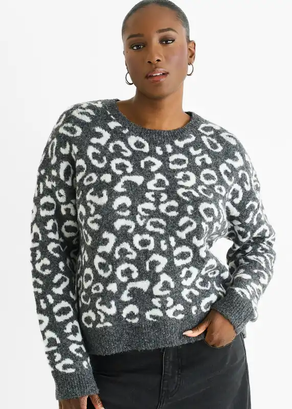 Grey Animal Pattern loose Fit Knit Jumper - Gini London