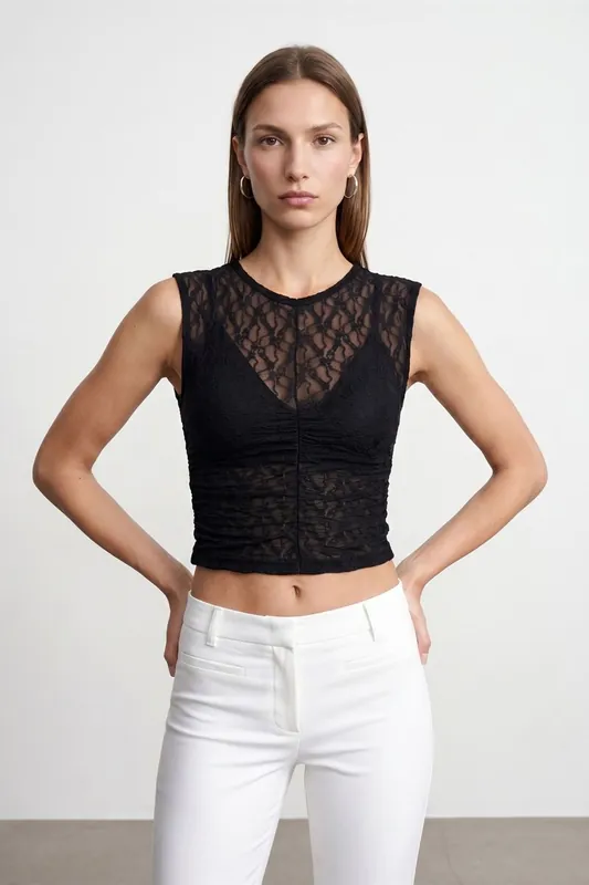 Sleeveless Lace Ribbed Blouse - Dilvin