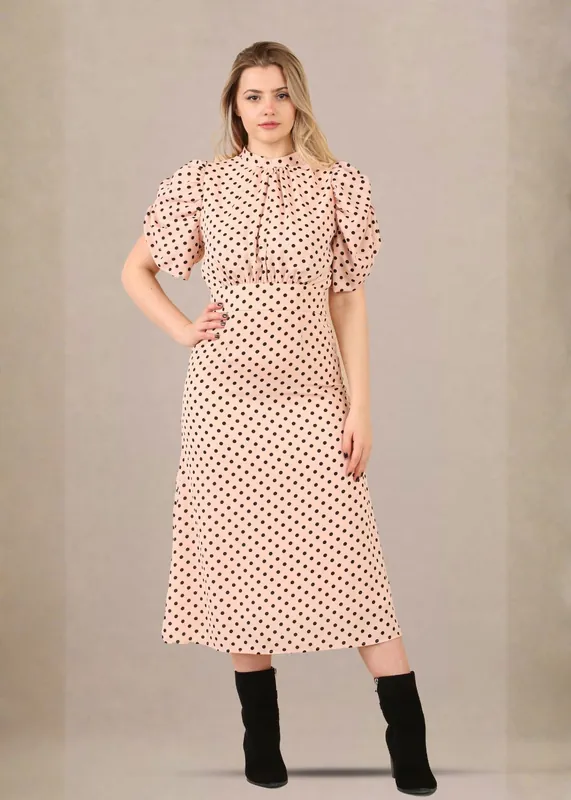 PALE ORANGE VINTAGE-INSPIRED PUFF SLEEVES POLKA DOT MIDI DRESS