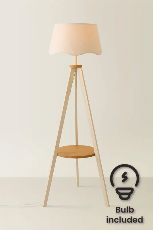 Morrigan Painted Cream Tripod Floor Lamp with Scalloped Shade and Bulb - ValueLights