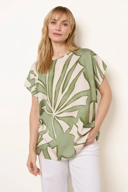 Khaki Large Floral Round Neck Top - Blue Vanilla