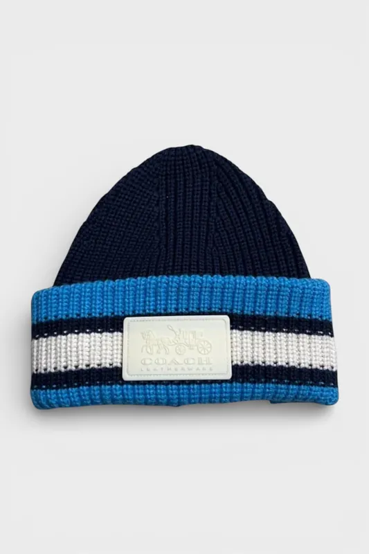 Ribbed Knit Varsity Stripe Patch Beanie Navy Blue - Coach