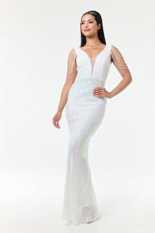 Riona - White Jewelled Shoulder Sequin Maxi Dress