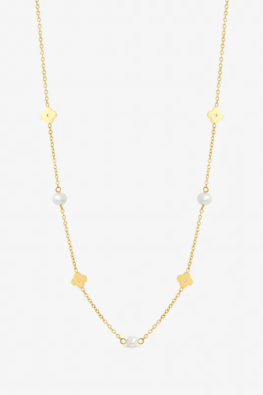 Gold Plated Waterproof Pearl and Floral Station Necklace - Jon Richard