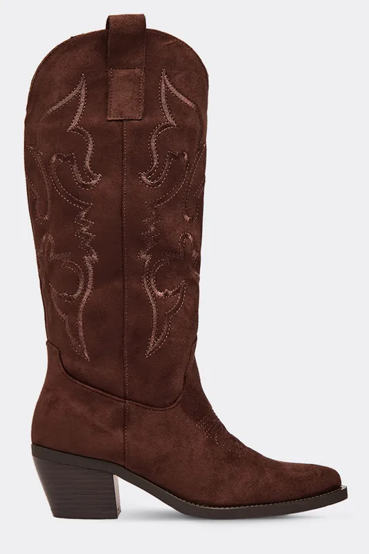 Knee High Embroidered Faux Suede Block Heel Boots - EGO