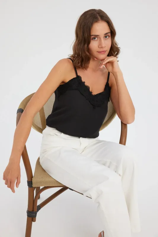 Sleeveless V-Neck Blouse with Lace Detail