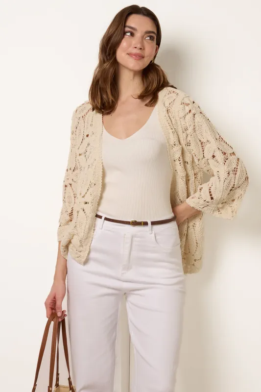 Stone Crochet Tie Front Cardigan - Blue Vanilla