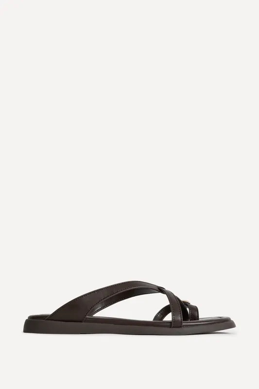 Linea Brown Faux Leather Flat Sandals - Linzi