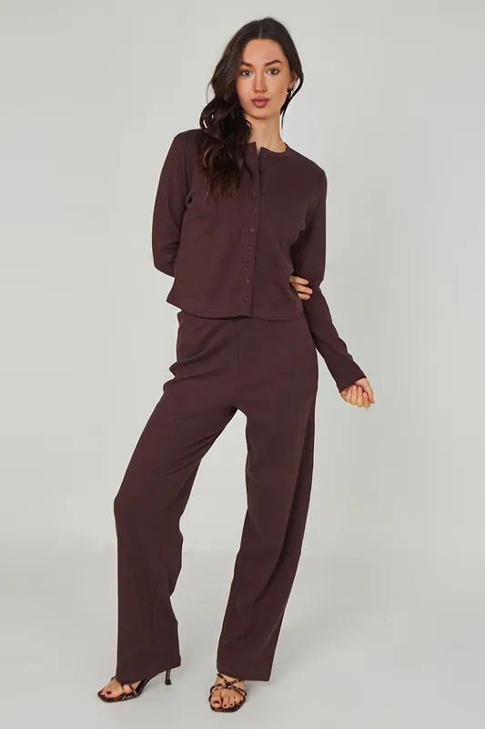 Chocolate Ribbed Wide Leg Trouser - Urban Bliss