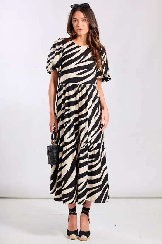 Cream Animal Viscose Puff Sleeve Midi Dress - Needs No Label