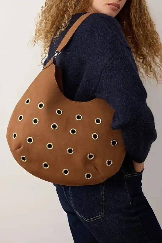 Suede Shoulder Bag with Eyelet Detail - WOVCOR