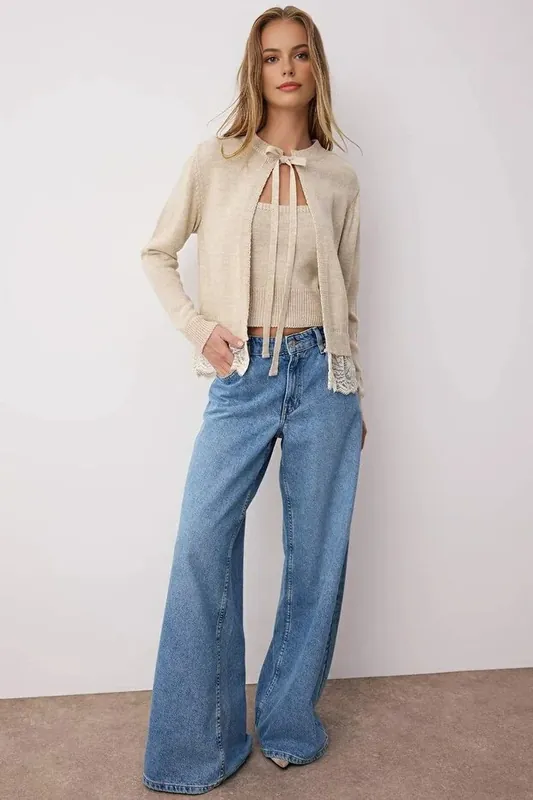 Bow Tie Lace Edge Knitted Crop Top And Cardigan Set - WOVCOR