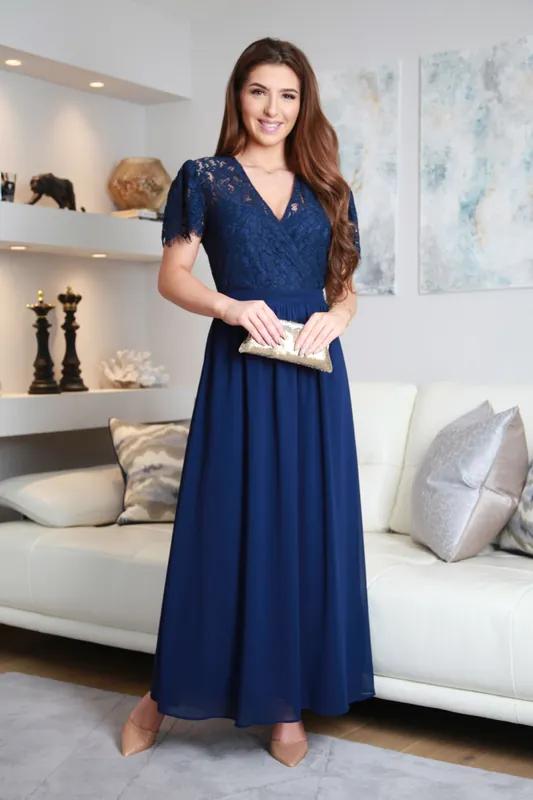 Navy Lace Wrap Front Maxi Dress - DOUBLE SECOND