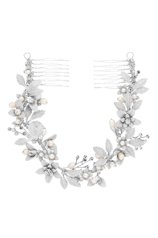 Silver Plated Clara Brushed Leaves Fresh Water Pearl And Crystal Double Comb - Gift Pouch