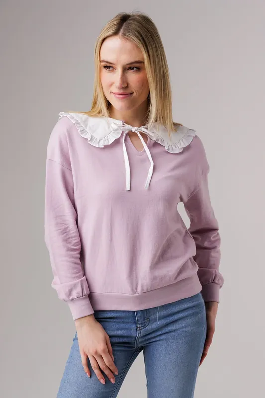 Cotton Peter Pan Tie Ruffle Collar Long Sleeve Sweatshirt - Influence