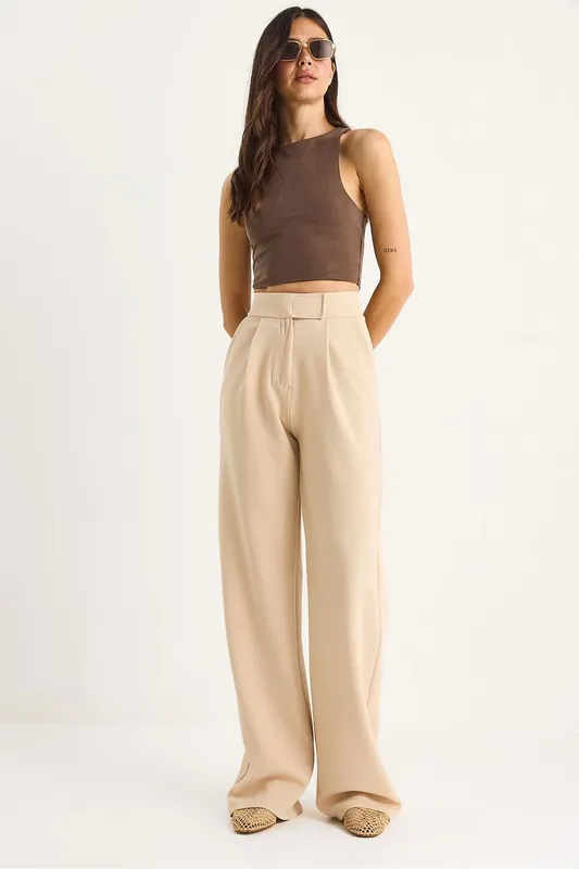 High Waist Wide Leg Pleated Trousers - Bianco Lucci
