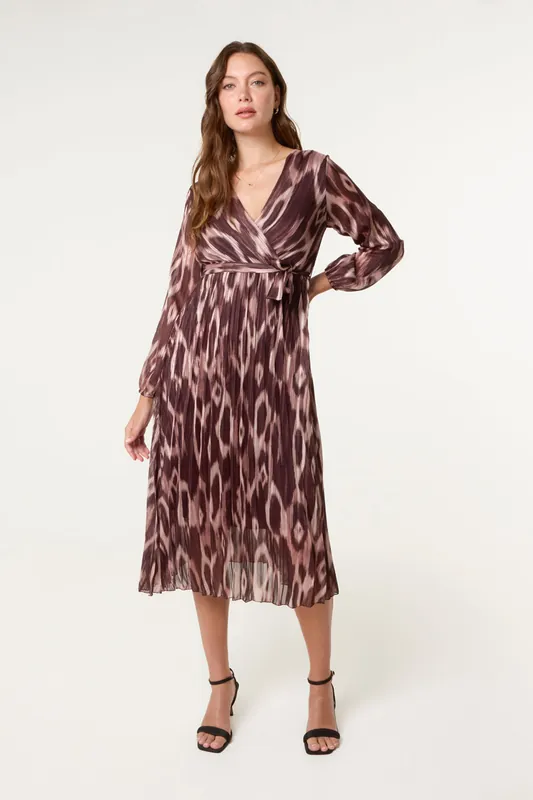Brown Crossover Metallic Pleated Dress - Blue Vanilla